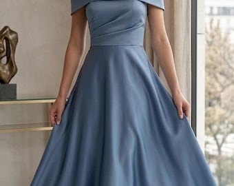 Vestido midi con hombros descubiertos - Elegante vestido de dama de honor con corte en A - Conjunto de vestido de noche estilo Bardot de AUREVIABYBISMAN