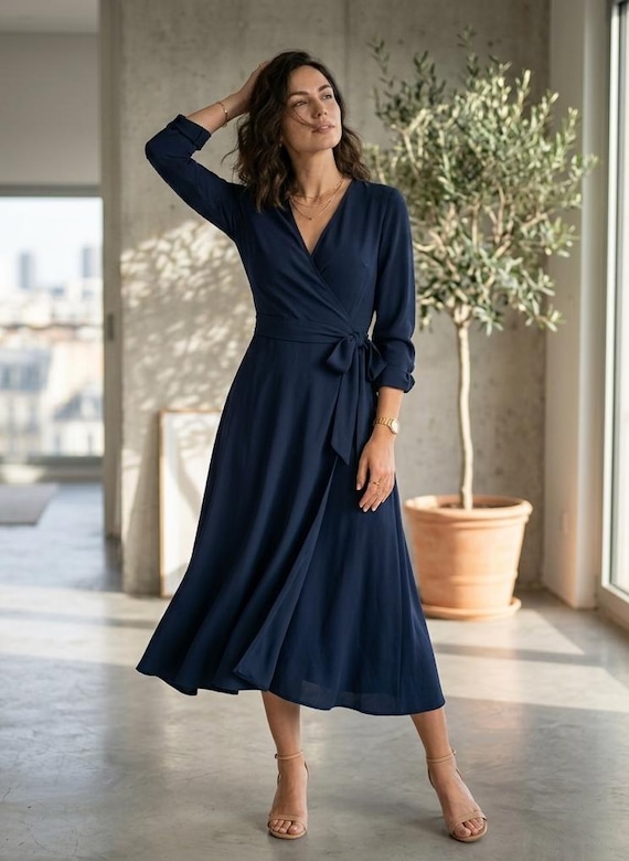 navy blue dress with beige heels Wrap Midi – Three-quarter Sleeve, Waist Tie, Flowing Fabric Evening Outfit fitted waist sits atop BHSALE2025 Handcrafted Dress Shoes | Größe:Größe 16W