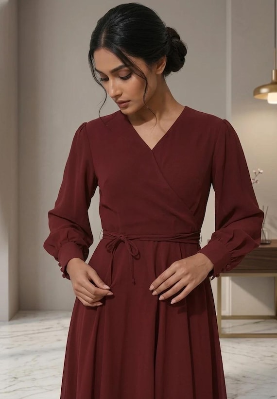Burgundy Chiffon Wrap Midi Dress - Long Sleeve Modest A-Line