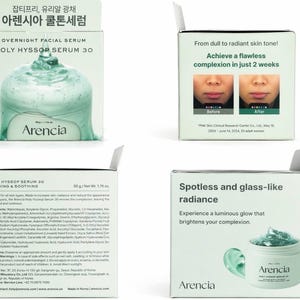 Puede incluir: Una caja blanca de "Arenchia Holy Hyssop Serum 30" con texto e im&aacute;genes. La caja presenta un frasco de suero y las palabras "Overnight Facial Serum". La caja tambi&eacute;n muestra im&aacute;genes del antes y el despu&eacute;s de la piel.