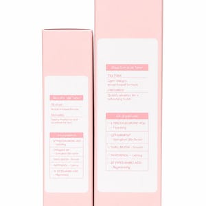 May include: Two rectangular light pink skincare product boxes standing side by side. The shorter box is labeled Glass Skin Snail Serum, and the taller box is labeled Glass Skin Snail Toner. Both feature white labels with text detailing texture, finishing, and key ingredients like hyaluronic acid, ceramide NP, snail mucin, panthenol, and amino acids.