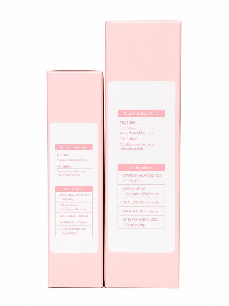May include: Two rectangular light pink skincare product boxes standing side by side. The shorter box is labeled Glass Skin Snail Serum, and the taller box is labeled Glass Skin Snail Toner. Both feature white labels with text detailing texture, finishing, and key ingredients like hyaluronic acid, ceramide NP, snail mucin, panthenol, and amino acids.