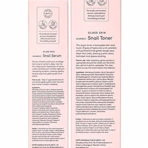 May include: Two light pink rectangular boxes of Dearboo Glass Skin Snail Serum and Snail Toner. The packaging features black text detailing ingredients, usage instructions, and safety warnings, along with circular icons indicating pH 4-5, paraben-free, and sulfate-free status.