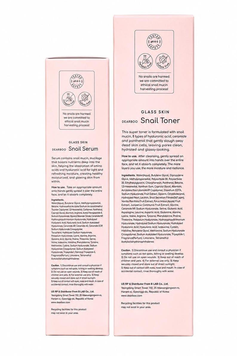 May include: Two light pink rectangular boxes of Dearboo Glass Skin Snail Serum and Snail Toner. The packaging features black text detailing ingredients, usage instructions, and safety warnings, along with circular icons indicating pH 4-5, paraben-free, and sulfate-free status.