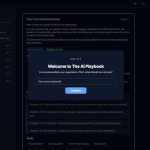 Puede incluir: Interfaz digital azul oscuro para "The AI Playbook" con una ventana emergente que dice "Bienvenido a The AI Playbook". La interfaz incluye una sección para guías personalizadas y un formulario para ingresar un nombre.