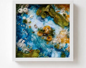 Arte mural oceánico en fieltro, paisaje marino de lana hecho a mano, arte textil enmarcado, arte de lana de técnica mixta
