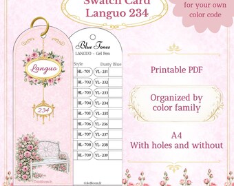 Könnte beinhalten: Eine rosa druckbare Farbmusterkarte mit dem Text "Swatch Card Languo 234". Die Karte zeigt ein Blumendesign, eine Liste von Farbcodes und die Wörter "Blue Tones" und "Dusty Blue".