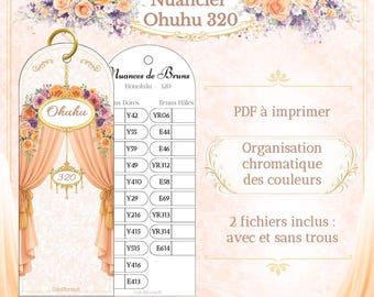 Könnte beinhalten: Eine druckbare Ohuhu 320 Farbtabelle mit einem Blumenbogen-Design, pfirsichfarbenen Vorhängen und goldenen Akzenten. Das Dokument enthält eine Liste von Farbcodes mit der Beschriftung Nuances de Bruns, Honolulu sowie Spalten für Bruns Dores und Bruns Hales.