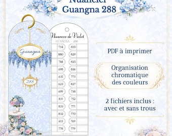 Könnte beinhalten: Eine hellblaue und weiße Farbkarte mit dem Text "Nuancier Guangna 288". Die Karte enthält eine Farbpalette mit Zahlen und dem Text "Nuances de Violet". Dekorative florale Elemente umrahmen den Text.