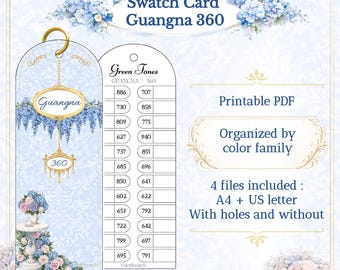 Könnte beinhalten: Eine digitale Farbmusterkarte mit dem Text "Swatch Card Guangna 360". Die Karte zeigt ein florales Design mit dem Text "Green Tones" und eine Liste von Farbcodes. Enthält "Druckbares PDF" und "Organisiert nach Farbfamilie".