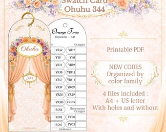 Könnte beinhalten: Eine druckbare Ohuhu 344 Farbmusterkarte in Orangetönen. Das Design zeigt ein hängendes Etikett mit Blumenillustrationen, Vorhängen und einem Raster mit Farbcodes. Der Text umfasst Swatch Card Ohuhu 344, Orange Tones, Honolulu-344, Printable PDF und New Codes.
