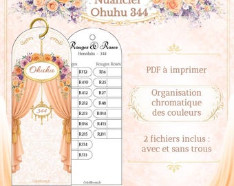 Könnte beinhalten: Eine druckbare Farbkarte mit dem Titel Nuancier Ohuhu 344, die ein florales Bogendesign mit pfirsichfarbenen Vorhängen und eine Liste von Farbcodes namens Rouges & Roses Honolulu 344 zeigt. Das Dokument enthält französischen Text und ein Layout.