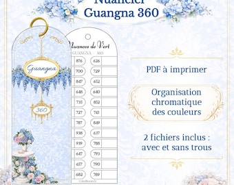 Könnte beinhalten: Ein digitaler Druck mit einer Farbkarte mit dem Titel "Nuancier Guangna 360". Das Design umfasst ein Blumenmotiv in Blau- und Weißtönen mit Text auf Französisch. Die Karte zeigt Farbcodes und ist zum Drucken bestimmt.
