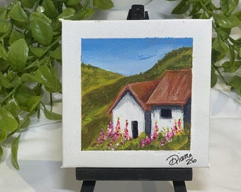 Cottage dans les collines, acrylique sur toile de 4 x 4 pouces, original peint à la main, avec chevalet