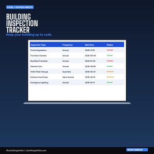 Könnte beinhalten: Ein digitaler Gebäudeinspektions-Tracker, der auf einem Bildschirm angezeigt wird. Die Tabelle zeigt Inspektionsarten, Häufigkeit, Fälligkeitstermine und Status an. Der Text "BUILDING INSPECTION TRACKER" steht oben, mit dem Slogan "Keep your building up to code."