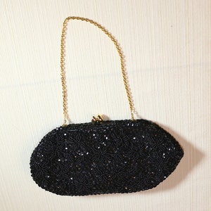 Vintage Small Black Beaded Evening Bag with sequins and chain, Formal bag, handbag, purse, clutch, Made in Hong Kong