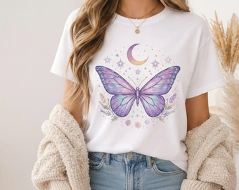 Butterfly Shirt Comfort Colors Crescent Moon Butterfly T-shirt Boho Unisex Shirt Gift for Friend Gift Celestial Space Shirt Purple Butterfly