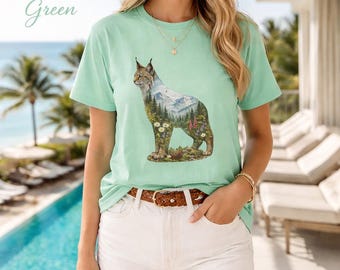 Lynx Wilderness Landscape T-Shirt | Mountain Nature Double Exposure