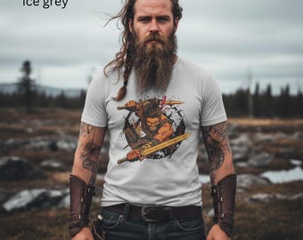 Barbarian Warrior with Twin Swords T-Shirt | Viking Fighter Illustration