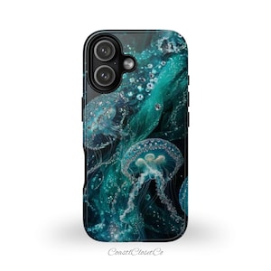 Jelly Fish Phone Case Ocean Bling Diamonds Aesthetic Summer Blue Green Fish Samsung Google Pixel iPhone 15 16 17 Plus Pro Max MagSafe