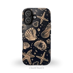 May include: A black phone case featuring a pattern of seashells and starfish in a gold color. The case has a glossy finish and a camera cutout. The text "CoastClosetCo" is at the bottom.