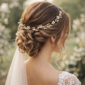 May include: A gold-coloured bridal hairpiece featuring a floral and leaf design. The headpiece is worn in the hair, with the back of the head and shoulders visible. The hair is styled in an updo, and a white veil is partially visible.