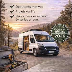 Puede incluir: Una furgoneta blanca con la puerta lateral abierta está estacionada en un camino de tierra. La imagen incluye texto en francés: "POUR QUI EST CE GUIDE?" y "TESTE EN CONDITIONS RÉELLES 2026". Una caja de herramientas y planos están en primer plano. El fondo presenta una cordillera y árboles.