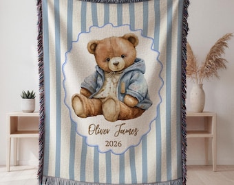 Personalized Teddy Bear Woven Blanket, Custom Name Baby Boy or Girl Nursery Keepsake
