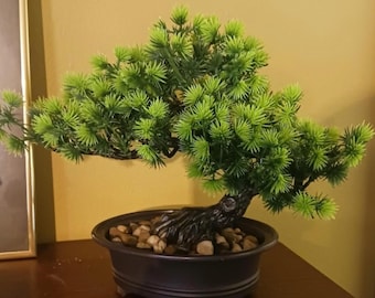 Artificial Bonsai Tree Decor Small Fake Plant for Shelf Desk or Entryway, Mini Green Bonsai Home Accent, No Maintenance Modern Farmhouse