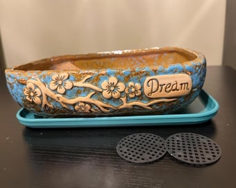 Rectangular Ceramic Bonsai Planter with Drainage Tray 9.5 Inch, Rustic Glazed Shallow Pot with Saucer, Wide Mouth Bonsai Pot Plant Decor