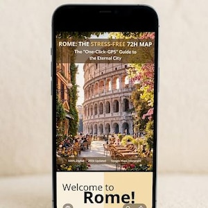 Può includere: Uno smartphone mostra una mappa digitale di Roma, Italia, con il testo "ROME: THE STRESS-FREE 72H MAP." L'immagine mostra il Colosseo e i caffè all'aperto. La parte inferiore dello schermo recita "Welcome to Rome!"