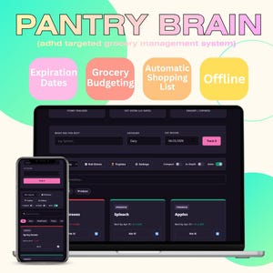 Skafferihjärna | ADHD-skafferi- och kylskåpsspårare | Automatisk | Matsvinnsorganisatör | Enkel instrumentpanel | Budgetsparare | (Offline HTML-app)