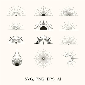 May include: A collection of black and white sunburst designs in various styles. The image includes semi-circular and circular sunbursts with different ray patterns and shapes. Text at the bottom reads "SVG, PNG, EPS, Ai".