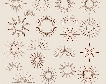 Conjunto de imágenes prediseñadas de sol celestial estilo boho, explosión solar mística (svg, png, eps, ai)