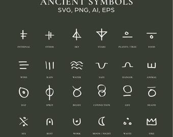 Paquete de símbolos primitivos en formato SVG, iconos tribales antiguos, arte rupestre espiritual (svg, png, ai, eps)