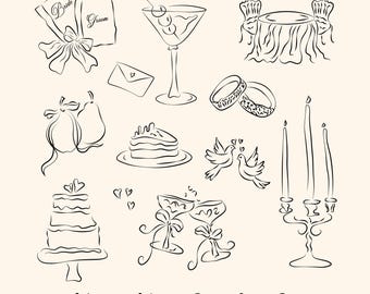 Imágenes prediseñadas de garabatos de boda caprichosos, iconos minimalistas de arte lineal dibujados a mano (descarga digital)