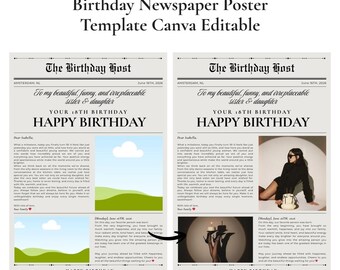Plantilla de póster de cumpleaños con diseño de periódico retro / Anuncio editable en Canva (Descarga digital)