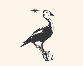 SVG de pato silbador vintage, silueta de ave acuática celestial, imágenes prediseñadas de aves rústicas (descarga digital)