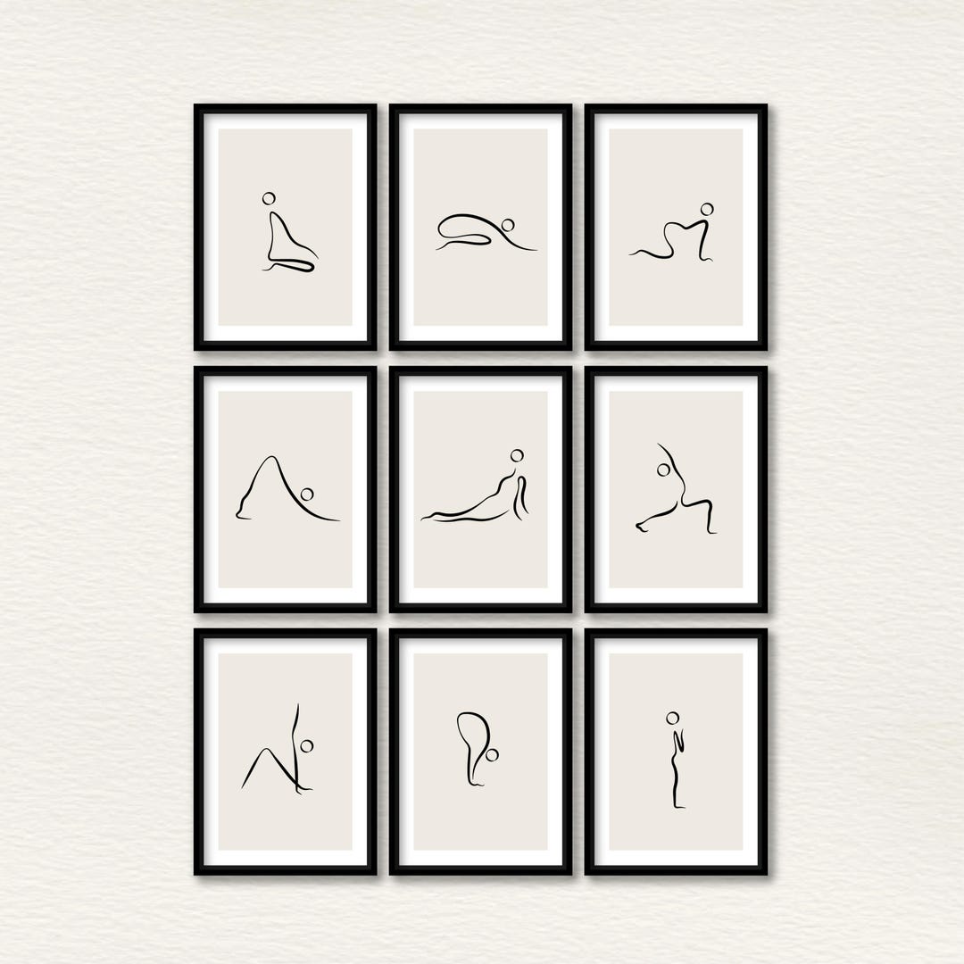 Set of 9 Yoga Line Art Prints: Minimalist Zen Meditation Wall Decor ...
