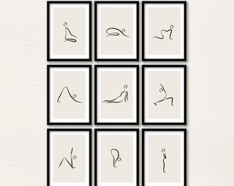 Juego de 9 láminas de arte lineal de yoga: decoración de pared minimalista de meditación zen (descarga digital)