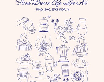 Paquete de ilustraciones lineales de Blue Ink Cafe, gráficos de cafetería dibujados a mano (SVG, PNG)