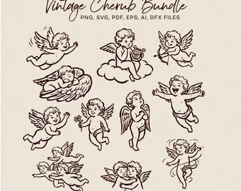 Paquete de archivos SVG de querubines vintage, imágenes prediseñadas de Cupido, dibujos lineales de ángeles, diseño de tatuaje de San Valentín (descarga digital)