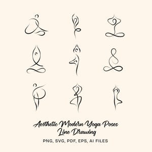 Può includere: Disegno a tratto di pose yoga moderne ed estetiche in nero su sfondo crema. L'immagine presenta nove illustrazioni minimaliste di pose yoga. Il testo in basso recita "Aesthetic Modern Yoga Poses Line Drawing" con opzioni di tipo di file.