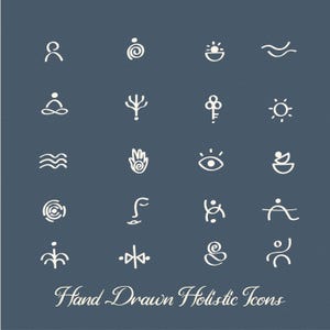 May include: A set of hand-drawn white holistic icons on a dark blue backdrop. The icons depict people, spirals, suns, waves, hands, eyes, keys, and other abstract shapes. The text "Hand Drawn Holistic Icons" is at the bottom.