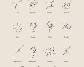 Paquete de símbolos del zodíaco de líneas finas / Arte astrológico minimalista (descarga digital SVG PNG)