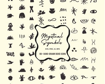 Paquete de imágenes prediseñadas de estilo bohemio místico, gráficos abstractos de arte lineal dibujados a mano (descarga digital)
