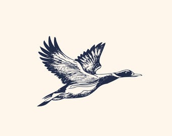 Diseño realista de un pato ánade real en vuelo, ilustración vintage de fauna silvestre (descarga digital)