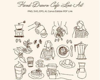 Paquete de imágenes prediseñadas de cafetería dibujadas a mano, gráficos SVG y PNG de cafetería (descarga digital)