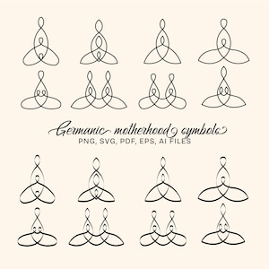 May include: A collection of black line art illustrations of Germanic motherhood symbols. The symbols are in various arrangements, with a central figure and flowing lines. The text "Germanic motherhood symbols" is written in cursive below the symbols.