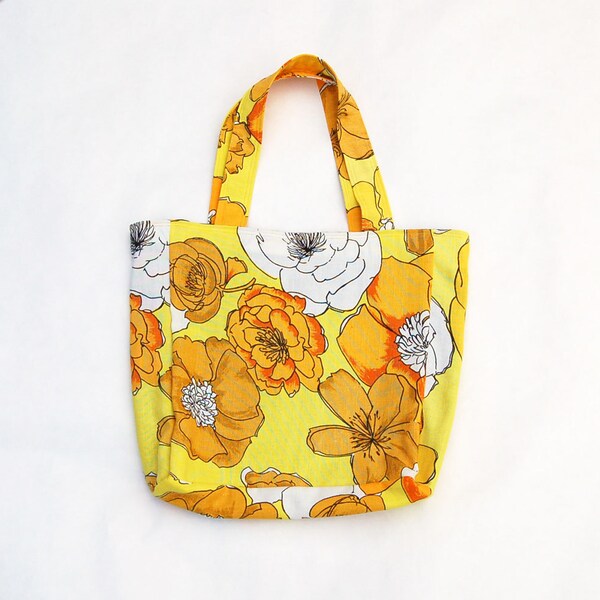 yellow floral tote bag made with vintage, thrifted fabric by greenbug, greenbugmarketplace, ecofriendly tote, upcycled bag, best friend gift